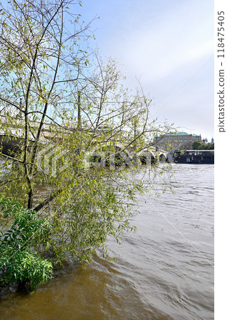 High water levels on Vltava river after storm Boris caused torrential rains and floods in Prague, Czech Republic 118475405