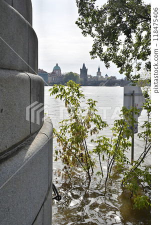 High water levels on Vltava river after storm Boris caused torrential rains and floods in Prague, Czech Republic 118475406