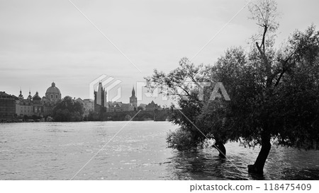 High water levels on Vltava river after storm Boris caused torrential rains and floods in Prague, Czech Republic 118475409