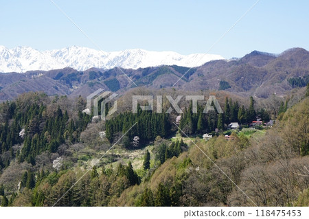 Spring in Ogawa Village and the remaining snow on the Northern Alps 118475453