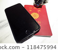Necessities for overseas travel: passport, smartphone, and watch 118475994