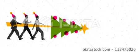 Banner. Contemporary art collage. Marching towards starry holiday goal, this business trio combines spirit of teamwork with excitement of festive celebrations. 118476026