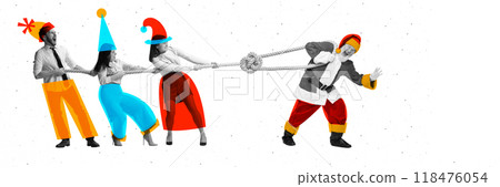 Banner. Contemporary art collage. Holiday tug of war between Santa and coworkers, merging business competition with festive fun in this playful struggle for holiday cheer. 118476054