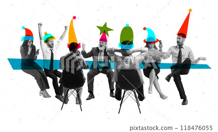 Poster. Contemporary art collage. Boardroom transforms into holiday celebration as business and festive energy collide with hats, laughter, and cheerful meetings. 118476055