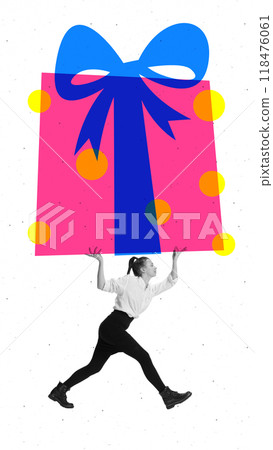 Poster. Contemporary art collage. Woman runs with large holiday prize, giant gift, representing both hustle of holiday season and thrill of business success. Poster. Contemporary art collage. Woman runs with large holiday prize, giant gift, representing both hustle of holiday season and thrill of business success. 118476061