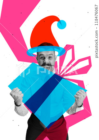 Contemporary art collage. Energized by holiday spirit, business professional channels excitement of gift-giving into triumphant pose, ready to conquer festive season. 118476067