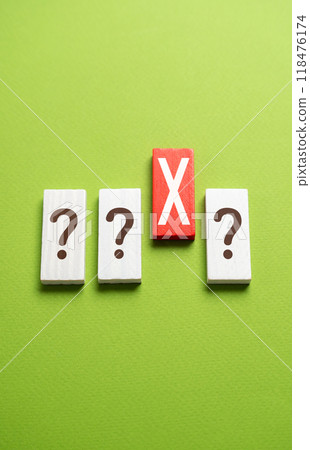 Question marks and red X. Test. Choose the wrong answer. Mistake correction. Potential risks. Problem warning. 118476174