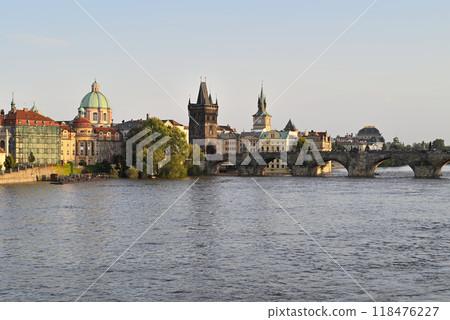 Iconic Charles Bridge over Vltava river and Prague Old town cityscape at sunset, in Prague, Czech Republic 118476227