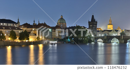 Panoramic night view of the iconic Charles Bridge over Vltava river and Prague Old town cityscape, in Prague, Czech Republic 118476232
