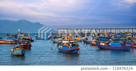 Vietnamese traditional fishing boats at seaport Vietnamese traditional fishing boats at seaport 118476324