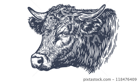 Cow, bull, beef. Vintage retro print, black white cow, bull, beef sketch ink pencil drawing, engrave old school. Sketch artwork silhouette head cow. Side view profile beef bull. Vector Illustration Cow, bull, beef. Vintage retro print, black white cow, bull, beef sketch ink pencil drawing, engrave old school. Sketch artwork silhouette head cow. Side view profile beef bull. Vector Illustration 118476409