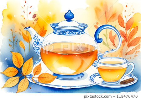 Autumn still life with tea. Teapot and cup with blue patterns and fall leaves. Watercolor drawing Autumn still life with tea. Teapot and cup with blue patterns and fall leaves. Watercolor drawing 118476470