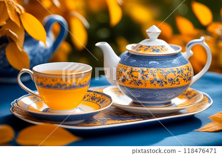 Blue tea set under fall foliage. Watercolor drawing Blue tea set under fall foliage. Watercolor drawing 118476471