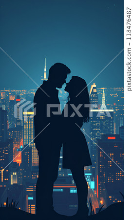 Full-length silhouettes of couple in love against nighttime city backdrop. Valentine's Day 118476487