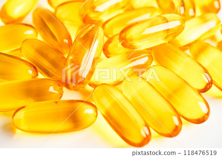 Fish oil capsules omega 3 vitamin with EPA and DHA on white background. Fish oil capsules omega 3 vitamin with EPA and DHA on white background. 118476519
