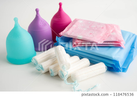 Sanitary pad napkin, tampon and menstruation cup for woman hygiene protect menstruation cycle. 118476536