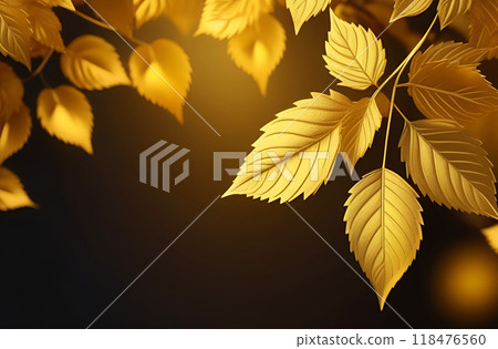 Brown background with golden leaves backlit by sun. Autumn, fall holidays, thanksgiving. Copy space, text space, template, layout, mockup 118476560