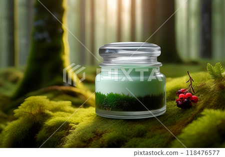 Glass jar with face cream in forest among green moss, trees and red berries. Layout, mockup of organic cosmetics on background of wild nature 118476577