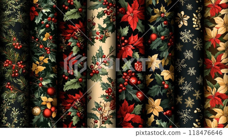 Christmas seamless patterns collection featuring holly leaves and berries with golden snowflakes 118476646