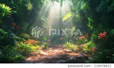 Sunbeams are illuminating the path in lush tropical forest 118476652