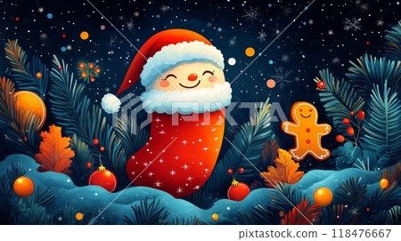 Cute christmas stocking smiling surrounded by fir branches and gingerbread man 118476667
