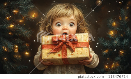 Little girl showing excitement opening christmas present Little girl showing excitement opening christmas present 118476714