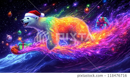Polar bear wearing santa hat surfing through space delivering christmas presents Polar bear wearing santa hat surfing through space delivering christmas presents 118476716