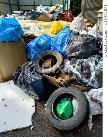 Close-up of garbage dump with bags, boxes, tires. Pollution of environment. Care about ecology Close-up of garbage dump with bags, boxes, tires. Pollution of environment. Care about ecology 118476871