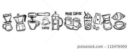 Coffee doodle icon set, ink hand drawn hot beverage vector collection, line cafe sketch banner.  118476909