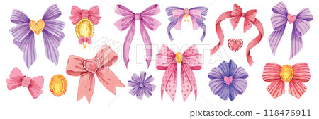 Watercolor bow set, hand drawn cute girly vector vintage hair accessories clipart, romantic ribbon. Watercolor bow set, hand drawn cute girly vector vintage hair accessories clipart, romantic ribbon. 118476911