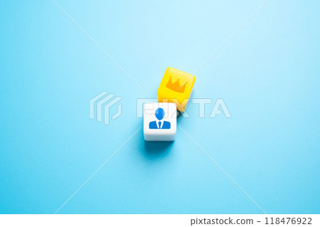 Businessman and crown on head. Concept of leader and chief. High self-esteem. Talented and promising. The best of all, in the first place. Career development. CEO, King Businessman and crown on head. Concept of leader and chief. High self-esteem. Talented and promising. The best of all, in the first place. Career development. CEO, King 118476922