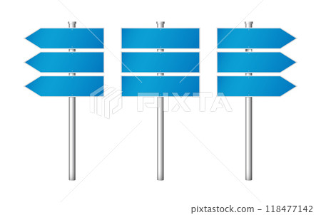 blue street signs with arrows pointing in different directions. Vector illustration 118477142