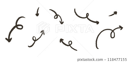 Doodle arrows set, curly shaped in different directions. Simple hand drawn vector pointing pen drawing 118477155