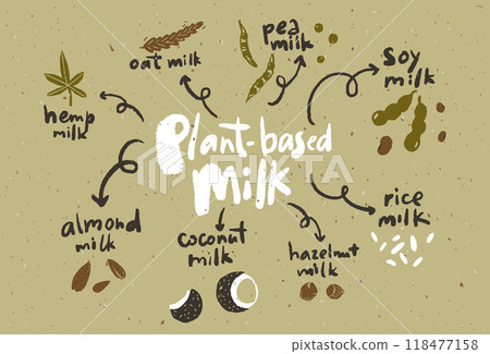 Plant milk types scheme, doodle drawings of soy milk, almond, rice, hazelnut. Different vegan alternatives for coffee Plant milk types scheme, doodle drawings of soy milk, almond, rice, hazelnut. Different vegan alternatives for coffee 118477158