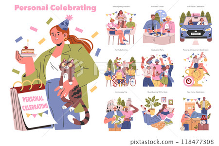 Personal celebrating concept set. Diverse moments of individual joy and milestones, from birthdays to achievements. Vector illustration set. Personal celebrating concept set. Diverse moments of individual joy and milestones, from birthdays to achievements. Vector illustration set. 118477308
