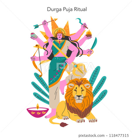 Navaratri concept. Illustration featuring Goddess Durga with multiple arms and lion, celebrating the Hindu festival. Traditional attire and symbolic items. Vector illustration. 118477315
