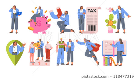 Businesswoman set. Professional female in various activities, financial growth, tax duties, and leadership roles. Career success, economy, empowerment. Vector illustration. 118477319