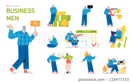 Businessmen set. Corporate life and financial activities illustrated through diverse scenarios. Investment, networking, planning, success, and crisis management. Vector illustration. Businessmen set. Corporate life and financial activities illustrated through diverse scenarios. Investment, networking, planning, success, and crisis management. Vector illustration. 118477333