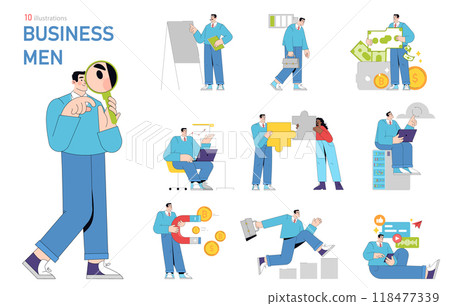 Businessmen set. Corporate engagement and financial management in various scenarios. Office presentations, teamwork, and cryptocurrency investment. Vector illustration. 118477339