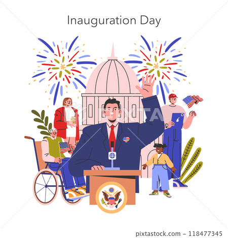 Inauguration Day concept. A festive illustration depicting a newly elected official's swearing-in ceremony with diverse spectators and fireworks. Vector illustration. 118477345