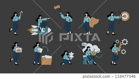 Businesspeople set. Female professionals engaging in various work-related activities. Collaboration, innovation, and goal setting. Vector illustration. Businesspeople set. Female professionals engaging in various work-related activities. Collaboration, innovation, and goal setting. Vector illustration. 118477346
