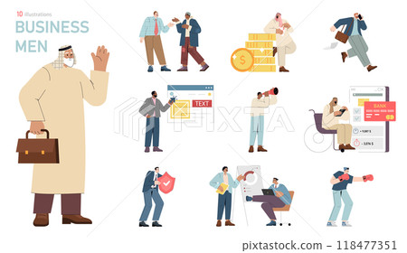 Businessmen set. Diverse characters in corporate scenarios engaging in meetings, financial tasks, and presentations. Modern workplace dynamics. Vector illustration. 118477351