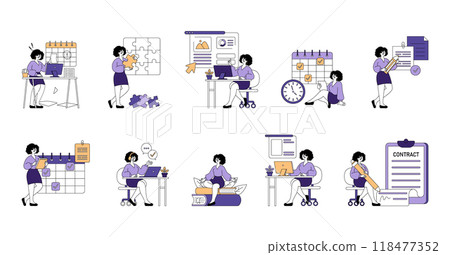 Businesswoman character set. Efficient office workflow and task management. Daily routines, project planning, and contract signing. Vector illustration. Businesswoman character set. Efficient office workflow and task management. Daily routines, project planning, and contract signing. Vector illustration. 118477352