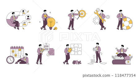 Business Man set. Dynamic office activities and corporate management. Goal setting, teamwork, time management, problem-solving, innovation, and work-life balance. Vector illustration. 118477354