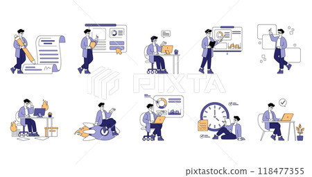 Business Man set. Corporate professional activities and office life scenarios. Brainstorming, strategy analysis, deadline management, and multitasking. Vector illustration. 118477355