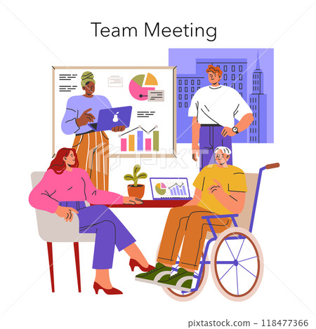 Inclusive workplace meeting scene with a diverse team engaging in a presentation with charts and digital devices. Vector illustration. 118477366