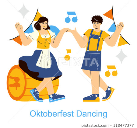 Oktoberfest concept. A joyful couple in traditional Bavarian attire dancing with festive decorations, symbolizing the celebratory spirit of the event. Vector illustration. Oktoberfest concept. A joyful couple in traditional Bavarian attire dancing with festive decorations, symbolizing the celebratory spirit of the event. Vector illustration. 118477377