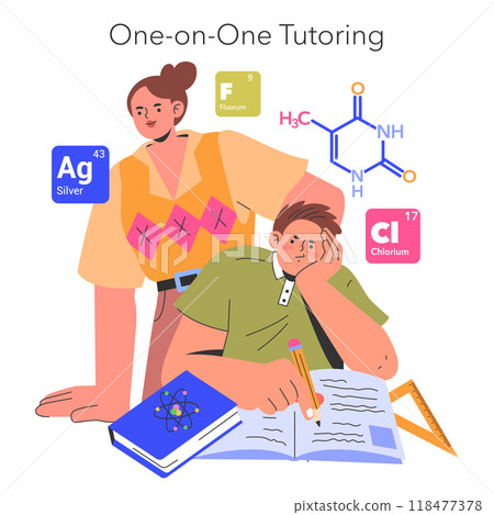 Teacher's profession concept. A tutor guides a student through chemistry studies in a one-on-one session. Personalized education, academic assistance. Vector illustration. 118477378