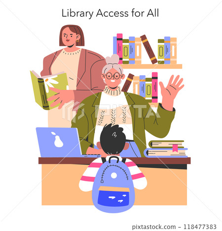 Knowledge for All concept. A diverse group enjoys the resources of a public library. Lifelong learning, community education, accessible information. Vector illustration. 118477383