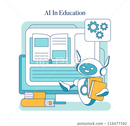 AI in Education concept. A friendly robot with books demonstrating modern learning technology. Innovative education methods and digital literacy. Vector illustration. 118477392